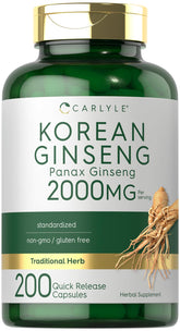 Carlyle Korean Ginseng capsules bottle with standardized 2000mg extract for daily vitality.