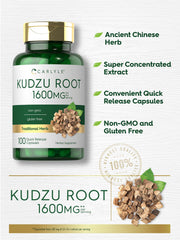 Carlyle Kudzu Root label detail demonstrates non-GMO and gluten-free attributes.