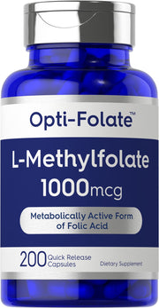 Carlyle L-Methylfolate 1000mcg bottle closeup emphasizes value-size packaging