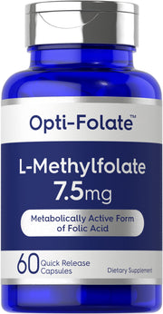 Carlyle L-Methylfolate bottle showing 7.5 mg capsules for daily use.
