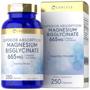 Carlyle Magnesio Bisglicinato 665 mg, botella, apoyo suave para el día a día.