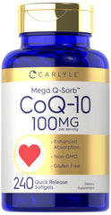 Carlyle Mega Q-Sorb CoQ10 softgels in bottle for daily supplementation.