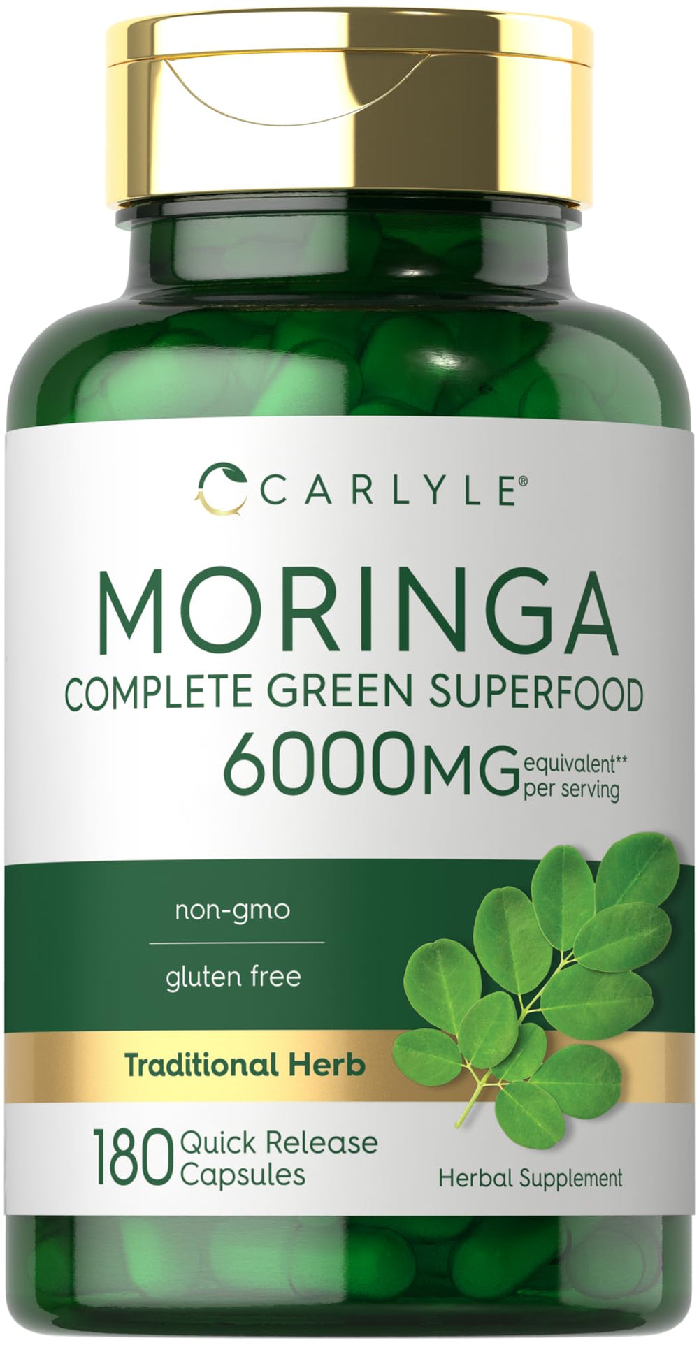 Carlyle Moringa Oleifera bottle with 180 capsules supports daily wellness.
