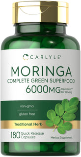Carlyle Moringa Oleifera bottle with 180 capsules supports daily wellness.