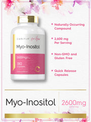 Nutrition label shows 2600mg per serving for Carlyle Myo-Inositol.