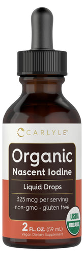 Carlyle Nascent Iodine drops bottle shows organic formula for daily use