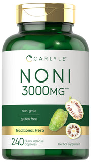 Carlyle Noni fruit capsules packaging front view, premium non-GMO formulation.