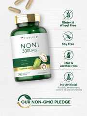 Carlyle Noni capsules poured into hand, quick-release capsules for easy use.