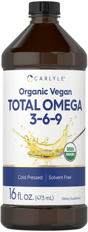 Carlyle Omega 3 6 9 bottle shows premium cold-pressed liquid formula for daily wellness