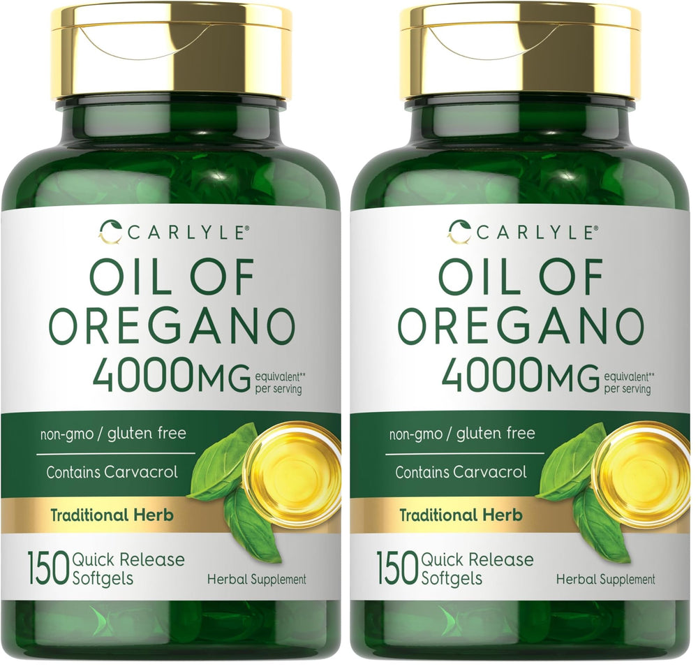 Carlyle Oregano Oil 4000mg softgels bottle highlights carvacrol content for daily wellness