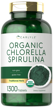 Carlyle Organic Chlorella Spirulina tablets in bottle for easy daily nutrition
