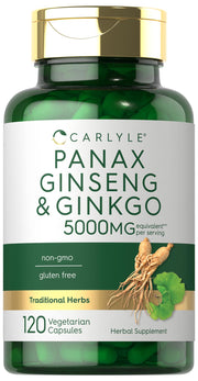 Carlyle Panax Ginseng & Ginkgo 5000mg bottle with vegetarian capsules for daily vitality
