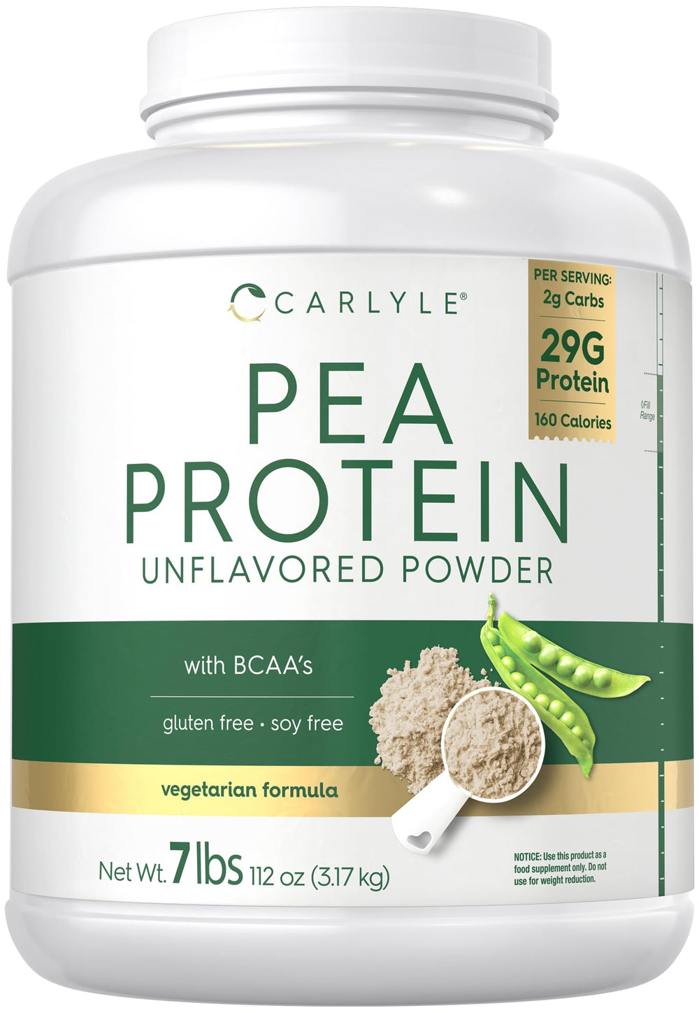 Carlyle pea protein powder 7lb tub front offers plant-based protein for vegan and vegetarian diets.