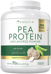 Carlyle pea protein powder 7lb tub front offers plant-based protein for vegan and vegetarian diets.