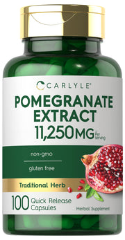 Carlyle Pomegranate Extract bottle displaying the 11250mg supplement for daily wellness.
