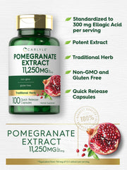 Carlyle Pomegranate Extract label close-up emphasizing purity and ellagic acid standard.