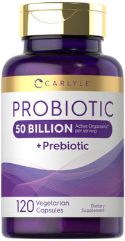 Carlyle probiotic bottle front highlighting 50B organisms per serving for daily digestive balance.