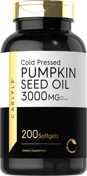Carlyle Pumpkin Seed Oil bottle label highlighting nutritional content.