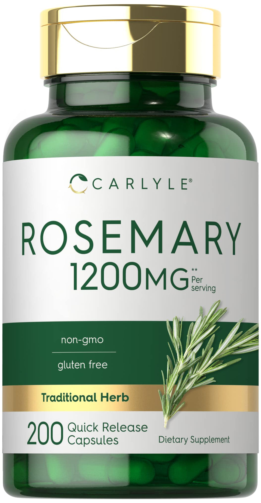 Carlyle Rosemary Capsules bottle displaying 1200mg per serving for convenient use.