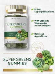 Vegan, non-GMO Carlyle Supergreens label highlighting gluten-free assurance.