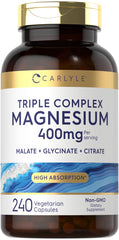 Carlyle Triple Magnesium Complex bottle shows 400 mg per serving for daily mineral support.