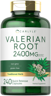 Carlyle Valerian Root capsules bottle front promoting calm routine and wellness support.