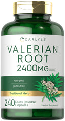 Carlyle Valerian Root capsules bottle front promoting calm routine and wellness support.