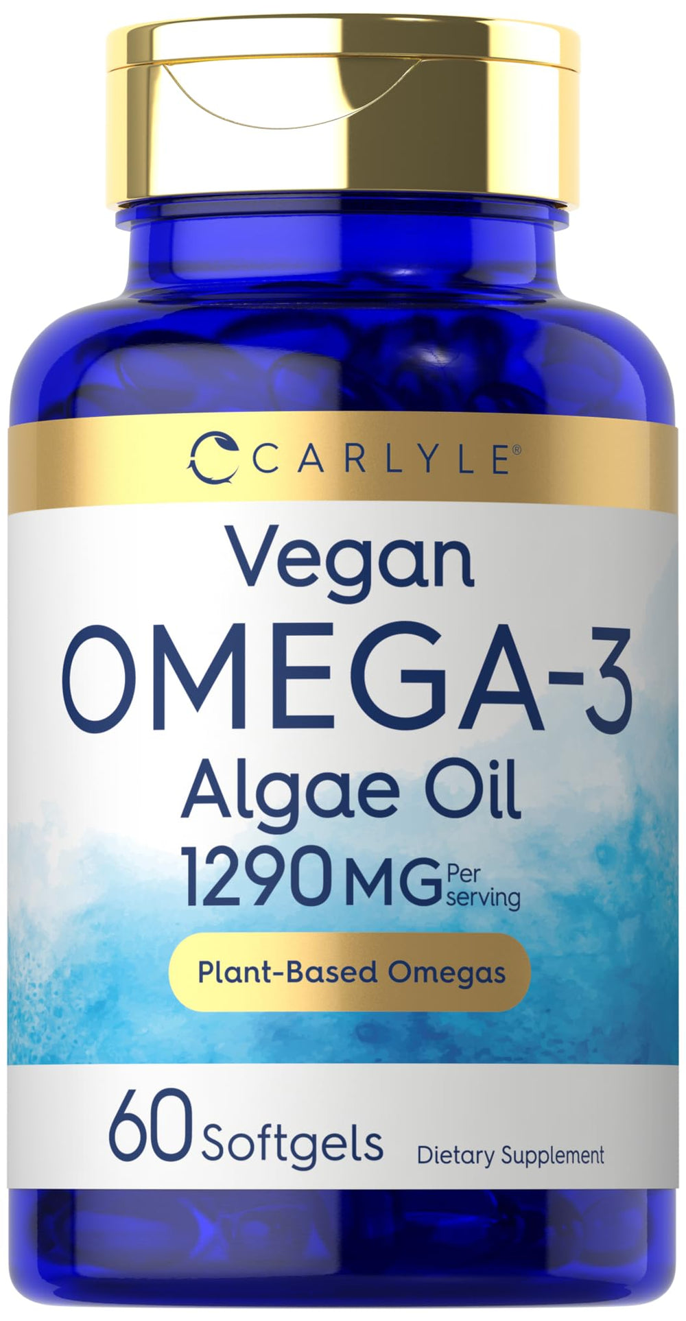 Carlyle Vegan Omega-3 softgels bottle highlighting plant-based DHA benefits.