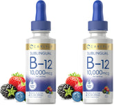 Carlyle Vitamin B12 sublingual drops berry bottle and 2-bottle pack for daily use.