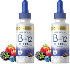 Carlyle Vitamin B12 sublingual drops berry bottle and 2-bottle pack for daily use.