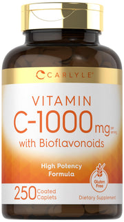 Carlyle Vitamin C 1000mg caplets with bioflavonoids and rose hips on bottle for immune support.