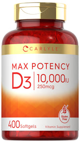 Carlyle Vitamin D10000 IU softgels bottle for daily supplementation