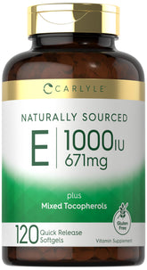 Carlyle Vitamin E 1000 IU softgels bottle for high-potency daily wellness.