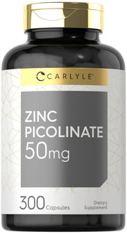 Carlyle Zinc Picolinate 50mg bottle pour with easy-to-dose capsules for daily support