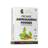 Carmel Organics Ashwagandha root powder bottle on shelf for daily wellness.