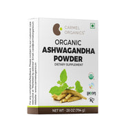 Carmel Organics Ashwagandha root powder bottle on shelf for daily wellness.