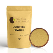 Carmel Organics licorice root powder bottle with non-GMO formula.