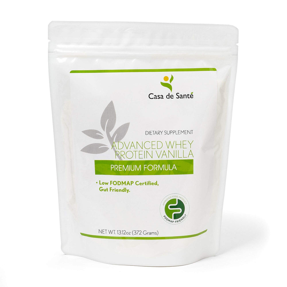 Casa de Sante elemental vanilla whey tub showing clean ingredients for gut-friendly protein