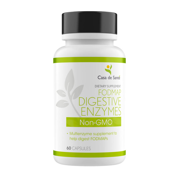 Casa de Sante FODMAP Digestive Enzymes bottle front showing 18-enzyme formula for gentle digestion.