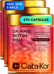 Cata-Kor Hair Skin and Nails bottle shown promotes shinier hair and radiant skin.