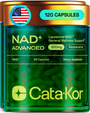 Cata-Kor Liposomal NAD supplement bottle featuring Resveratrol and advanced delivery system for cellular energy (visual).