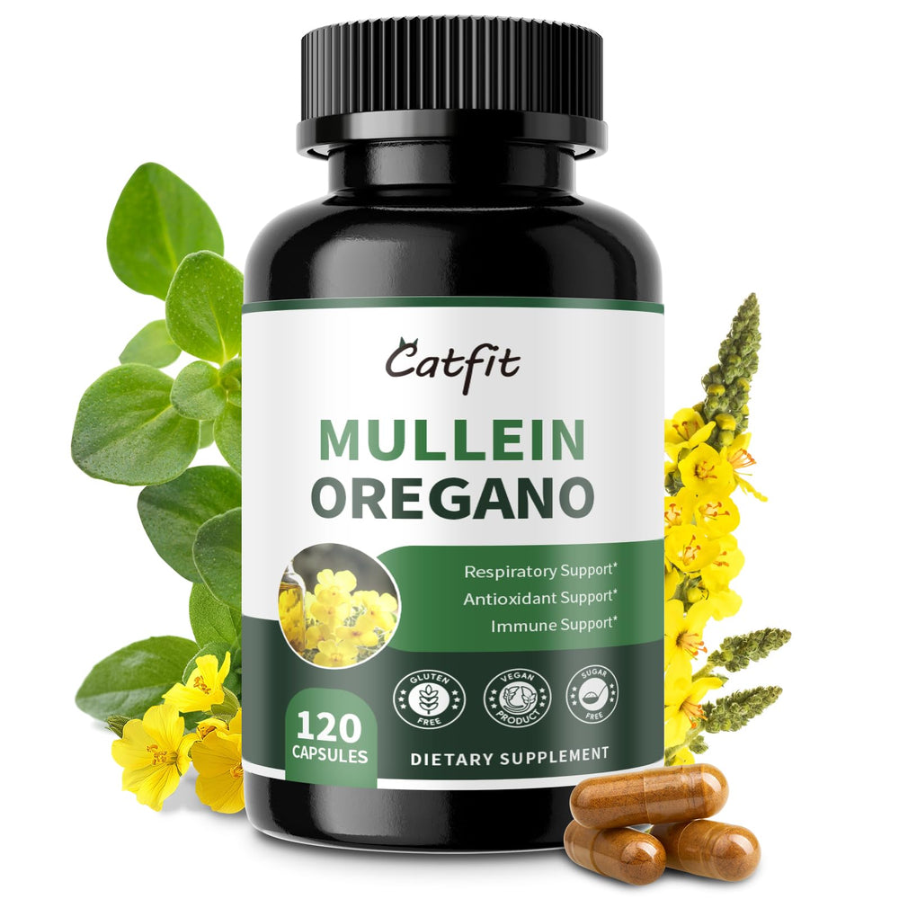 Catfit bottle of mullein-oregano capsules for respiratory support and immune wellness.