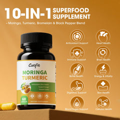 Catfit Moringa label packaging emphasizing vegan, non-GMO, gluten-free formulation.