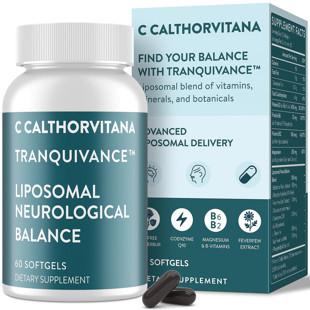 C Calthorvitana migraine relief softgel closeup showing liposomal delivery for potential absorption benefits.