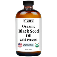 C CARE black seed oil bottle front view, highlighting premium cold-pressed quality.