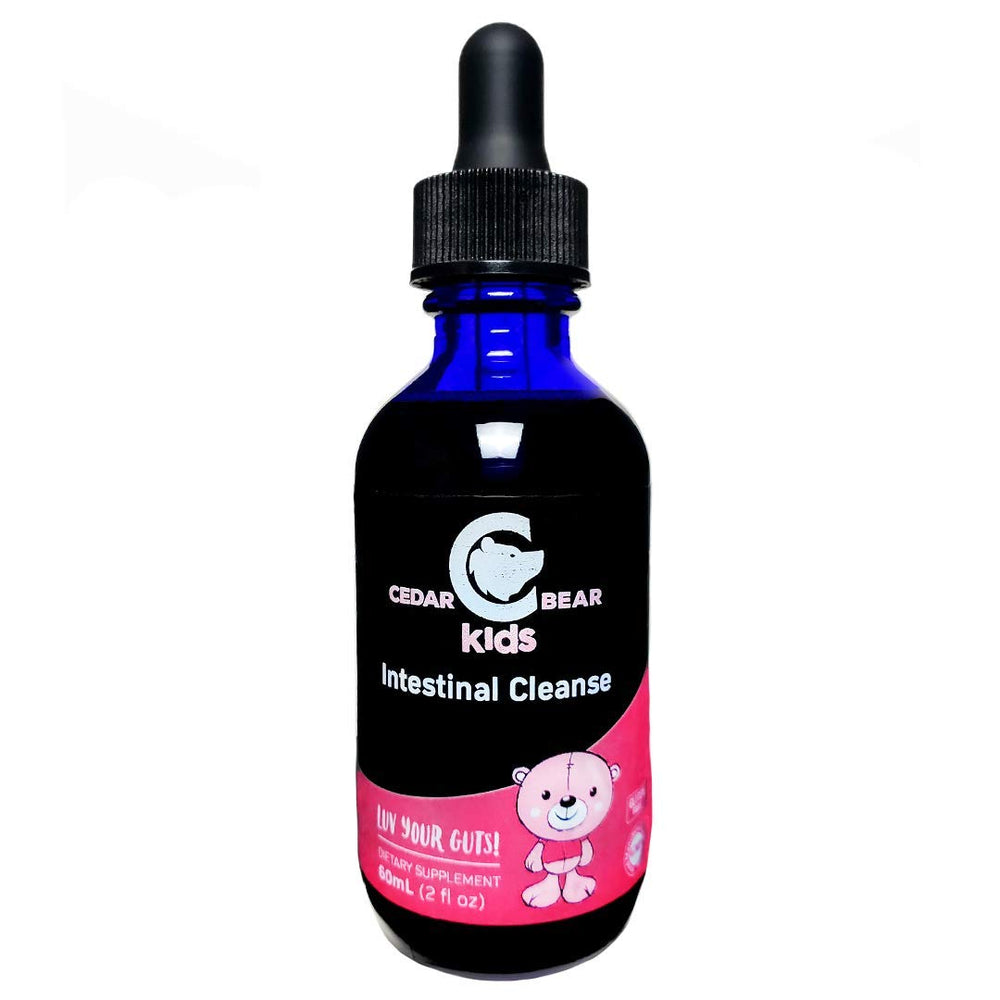Cedar Bear Intestinal Cleanse for Kids bottle with dropper supports gentle gut detox.