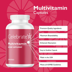 Celebrate Bariatric Multivitamin capsules close-up highlighting easy-to-swallow pills.