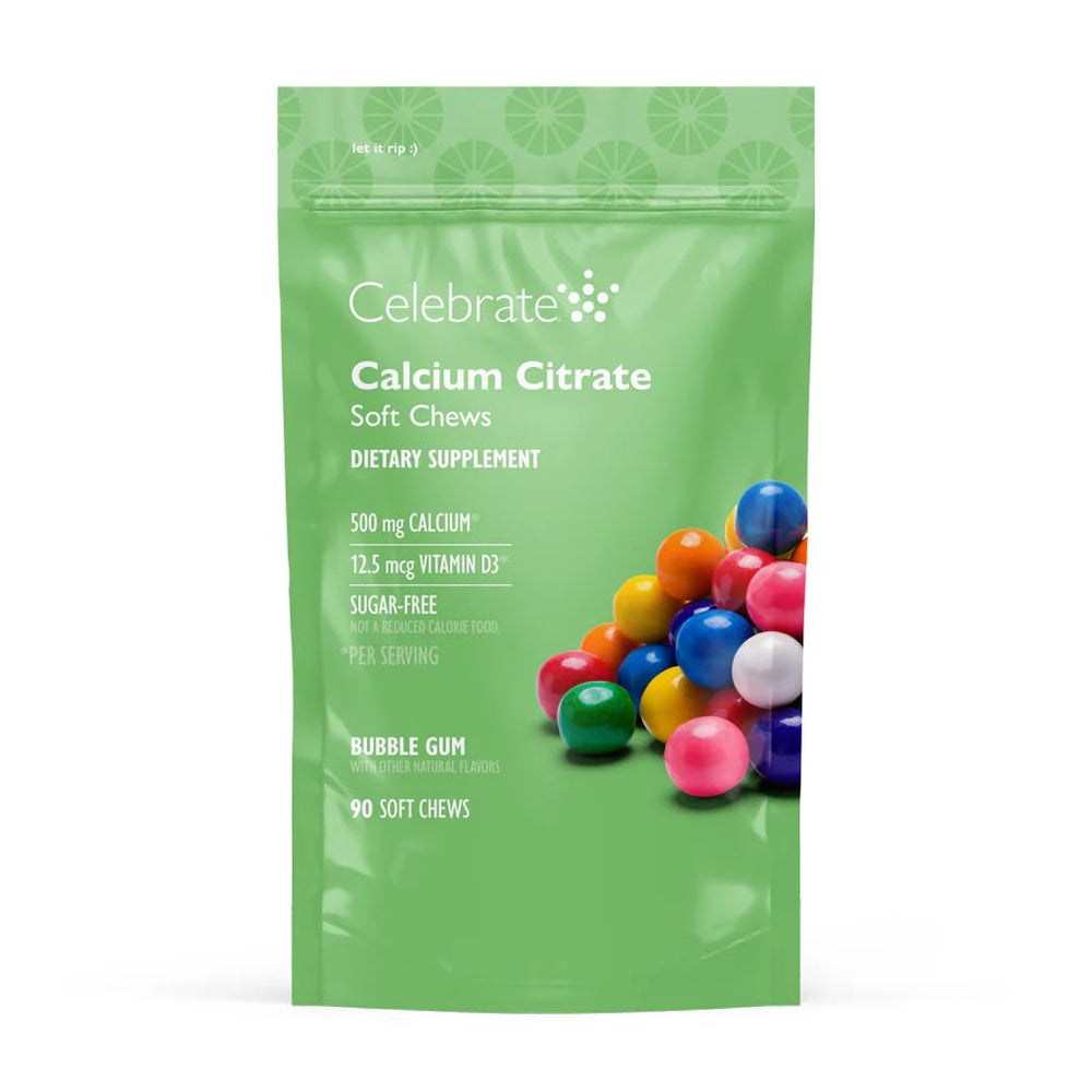 Celebrate Vitamins bariatric calcium citrate soft chews bottle showing bone support benefits