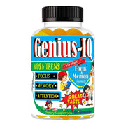 Celebrity LifeStyle Product Genius IQ Kids bottle front with omega gummies supporting focus and daily energy