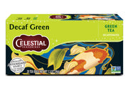 Celestial Seasonings decaf green tea bags in recyclable packaging for eco-friendly brewing.